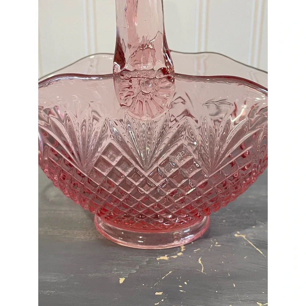 Vintage Pink Depression Glass Basket Diamond Point Starburst Pattern 7.25 Inch